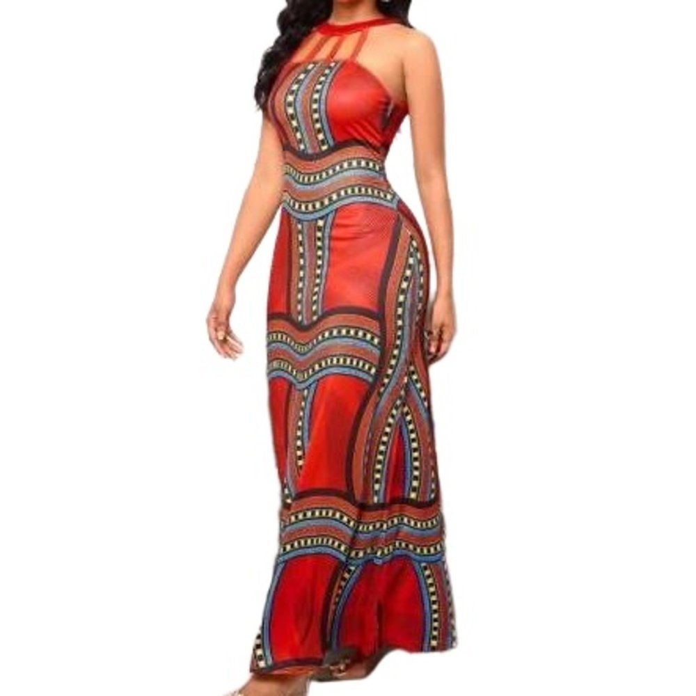 NWT Womens Multicolor Print‎ Sleeveless Halterneck Aztec Maxi Dress Small